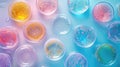 Abstract laboratory concept with Petri dishes containing glowing bacterial colonies with a pastel iridescent effect Royalty Free Stock Photo