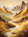 Abstract Landscape Artistry in Yellow, Brown, and White Colors, Generated with AI