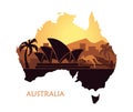 Abstract landscape of Australia at sunset. Vector illustration in the form of map of Australia