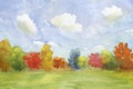 Landscape with autumn field and trees various colors with cloudy sky. hand drawn illustration