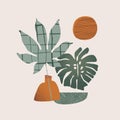 Abstract landscape concept: tropical monstera leaf one line art, geometric shapes, grunge texture Royalty Free Stock Photo