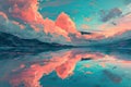 sunrise over a mountain lake with pink and orange clouds reflecting in the still, turquoise water