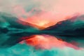 sunrise over a mountain lake with pink and orange clouds reflecting in the still, turquoise water