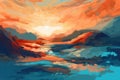 Abstract landscape design in shades of orange and blue