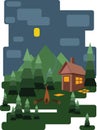 Abstract landscape design with green trees and clouds, a house in the forest and fire place at night, flat style