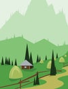 Abstract landscape design with green trees and hills, a brown house and hay in the mountains, flat style