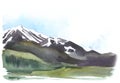 Abstract landscape. A distant high mountain with a snowy peak. Summer Valley. Bright sky before a thunderstorm. Hand drawn