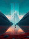 abstract landscape featuring a serene lake, majestic mountains, and an intriguing abstract rectangle Royalty Free Stock Photo