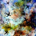 Abstract landscape with flying swallows in blue sky on grunge s