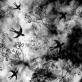 Abstract landscape with flying swallows in sky on grunge striped blurred land background in black and white