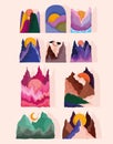 abstract landscape icon set, mountains peaks sun and color