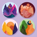 abstract landscape icons set mountains, moon sky beautiful sceneries