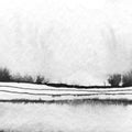 Abstract landscape ink hand drawn illustration. Black and white ink winter landscape with river. Minimalistic hand drawn