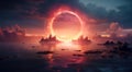Large glowing ring of fire in the sky over water Royalty Free Stock Photo