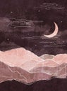 Abstract Landscape of Mountains with the Moon in a Minimal Trendy Style. Purple Colors for covers, Posters, Postcards