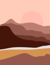 Abstract Landscape of Mountains and Rivers with the Sun in a Minimal Trend Style. Vector Background in Pastel Colors Royalty Free Stock Photo