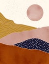 Abstract Landscape of Mountains with the Sun in a Minimal Trendy Style. Vector Background in Terracotta and Brown Colors