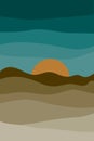 Abstract landscape, mountains and sun, sunset. Natural tones, terracotta colors. Boho style wall decor. Modern minimalist art Royalty Free Stock Photo