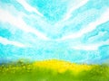 abstract landscape nature green meadow golden yellow flower field land grass blue sky color background mind spiritual holistic Royalty Free Stock Photo