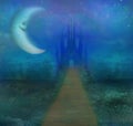 Abstract landscape with old castle and smiling moon Royalty Free Stock Photo
