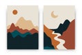 Abstract landscape posters. Contemporary boho background set, modern sun moon mountains minimalist wall decor. Vector art print Royalty Free Stock Photo