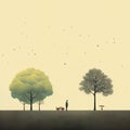 Cheerful Minimalist Landscape With Trees, Owl, And Man