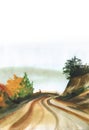 Abstract landscape with a road on a mountain pass with a sharp turn into foggy. Along the edges there are steep ledges and autumn