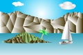 Abstract landscape with sea, rocks, green island with palm tree and white sailing yacht. Miniature in a mosaic style. Royalty Free Stock Photo