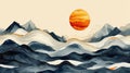 Abstract Landscape with Stylized Mountains and a Vibrant Sun in Warm Tones and Soft Textures Royalty Free Stock Photo