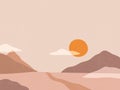 Abstract landscape. The sun sets between the mountains, the road goes away. Background with space for text, vector