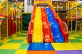 Large children`s playroom with a slide and colorful balls in entertainment center