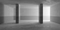 Abstract large, empty, modern concrete room, half painted walls and two pillars in the center and concrete rough floor -