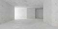 Abstract large, empty, modern concrete room with indirect light from the left, cornered walls and rough floor - industrial