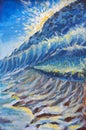 Abstract large turquoise sea wave, spray of sea foam, tsunami, sea storm, seashore, blue sky oil painting. Impressionism. Art.