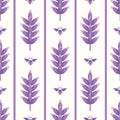 Abstract lavender and bees striped seamless vector pattern background. Modern graphic purple blossoms, bees, stripes on Royalty Free Stock Photo