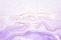 Abstract lavender liquid marbled watercolor background with golden lines and stains. Pastel marble alcohol ink drawing