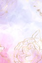 Abstract lavender liquid watercolor background with gold floral decoration elements. Pastel pink violet marble alcohol