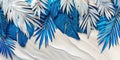 Abstract leaf pattern with blue and white tropical leaves on wavy white background Royalty Free Stock Photo