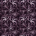 Abstract leaves and flowers drawn with a violet color with black and white dots on a dark background, illustrations seamless patte Royalty Free Stock Photo