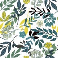 Abstract leaves and little flowers seamless pattern on white background. Royalty Free Stock Photo