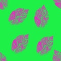 Abstract leaves silhouette seamless pattern. Hand drawn pink leaf silhouettes with scribble textures on green background. grunge d Royalty Free Stock Photo