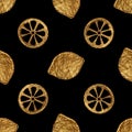 Abstract lemon pattern. Gold hand painted seamless background. Citrus fruit golden illustration. Royalty Free Stock Photo