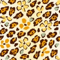 Abstract leopard seamless pattern with black spots and orange flowers on white background. Royalty Free Stock Photo