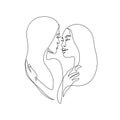 Abstract lesbian couple line art drawing. LGBT lesbian homosexual family. Women kissing, hugging isolated on white background