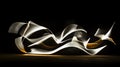 Abstract light art features flowing, ribbon-like trails of white and gold light against a solid black background