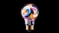 Abstract light bulb filled with colorful patterns, shapes. Digital rendering. Complex ideas, innovations. Fresh concepts.