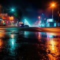 Abstract light in a dark empty street with smoke with asphalt wet reflection