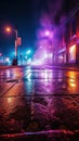 Abstract light in a dark empty street with smoke with asphalt wet reflection Royalty Free Stock Photo