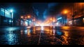 Abstract light in a dark empty street with smoke with asphalt wet reflection Royalty Free Stock Photo