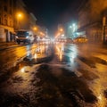 Abstract light in a dark empty street with smoke with asphalt wet reflection